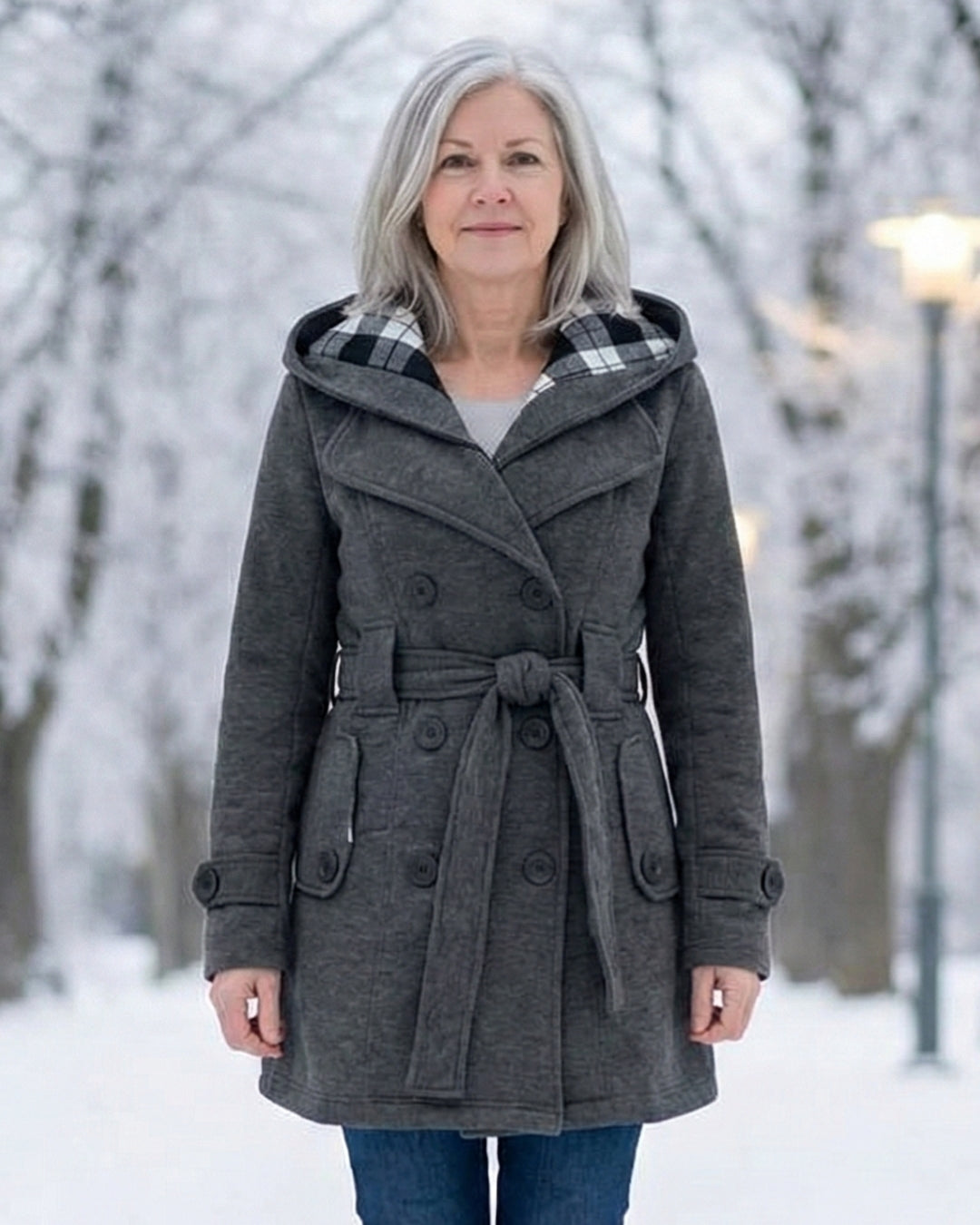 Olga | Wełniany płaszcz z kratkowanym kołnierzem