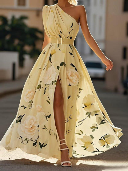 Julie | Robe Maxi Chiffon Fleurie Vert Clair à Une Épaule