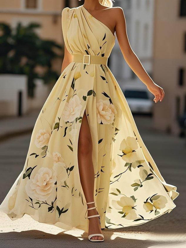Julie | Robe Maxi Chiffon Fleurie à Une Épaule Vert Clair