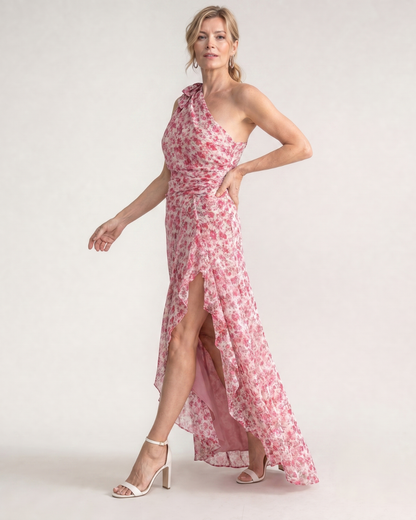 Ikele | Robe midi à volants asymétriques à motif floral