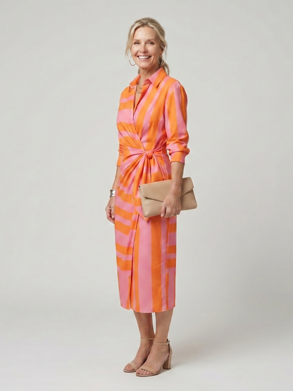 Leya | Robe midi à manches longues et col, motif rayé