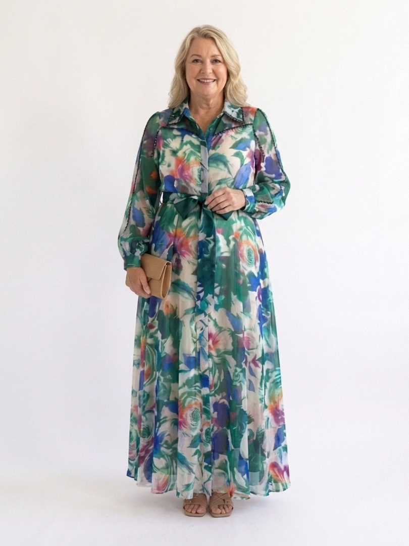 Carolina | Robe maxi à manches longues imprimée avec ceinture