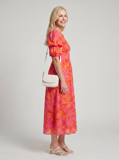 Zarelle | Robe Midi à Manches Bouffantes et Imprimé Floral Audacieux