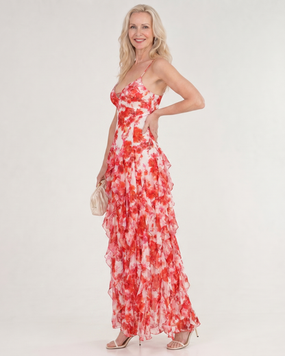 Vugeh | Robe midi sans manches à volants floraux aquarelle