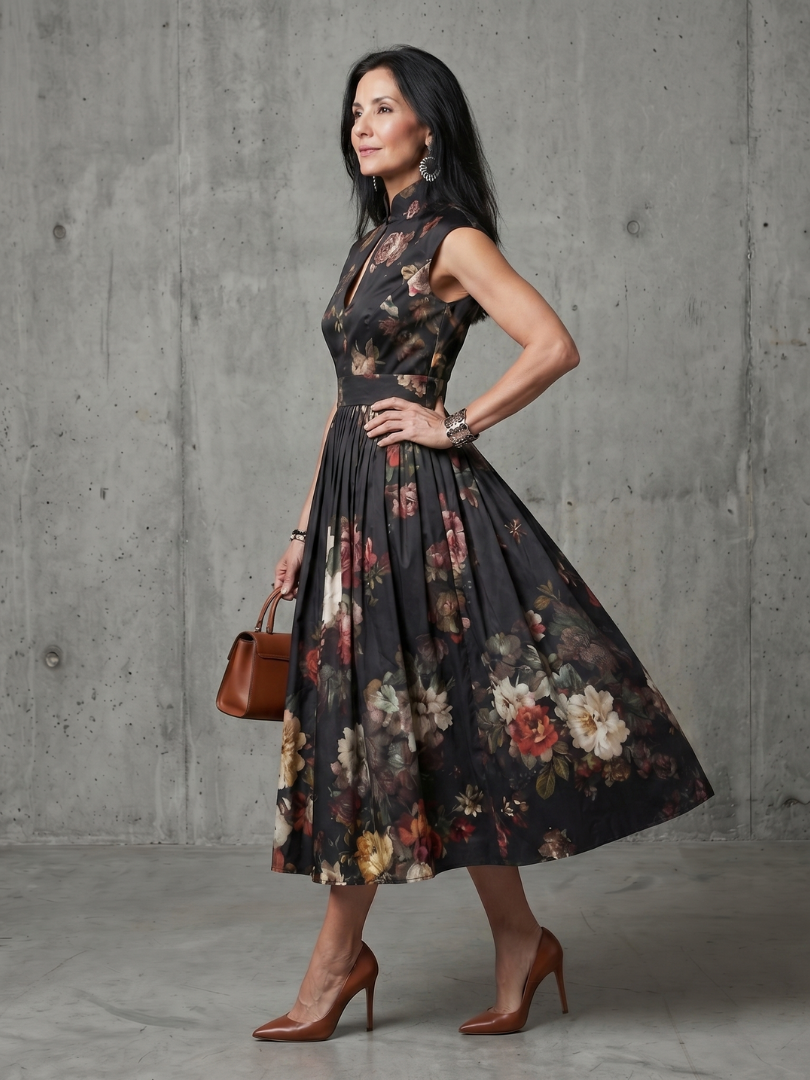 Greta | Robe Midi Plissée à Encolure Haute et Découpe Florale