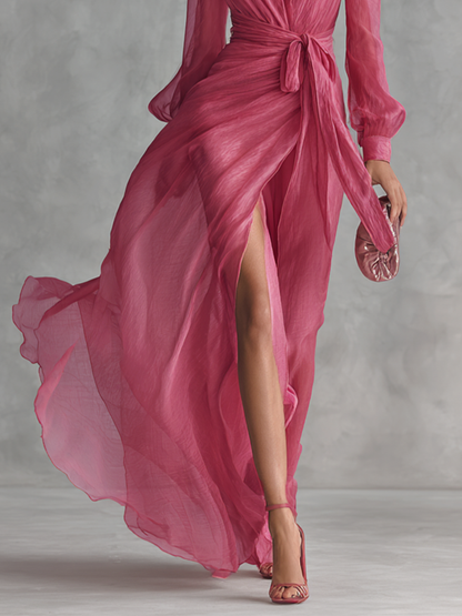 Robe longue en chiffon rose élégant avec perles et décolleté en V pour femmes
