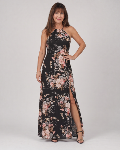 Loliane | Robe Midi à Fleurs avec Décolleté Halter et Fente Latérale