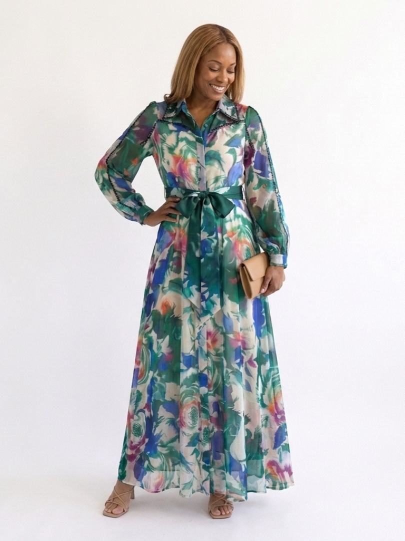 Carolina | Robe maxi à manches longues imprimée avec ceinture
