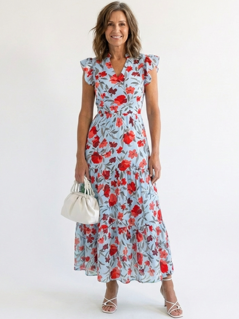 Lila | Robe midi à volants et décolleté en V fleuri