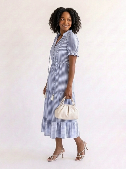 Dakota | Robe midi à manches courtes à rayures en couches