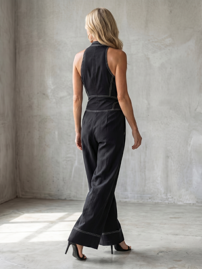 Dara | Combinaison à Zip Frontal avec Couture Contrastante et Jambes Larges