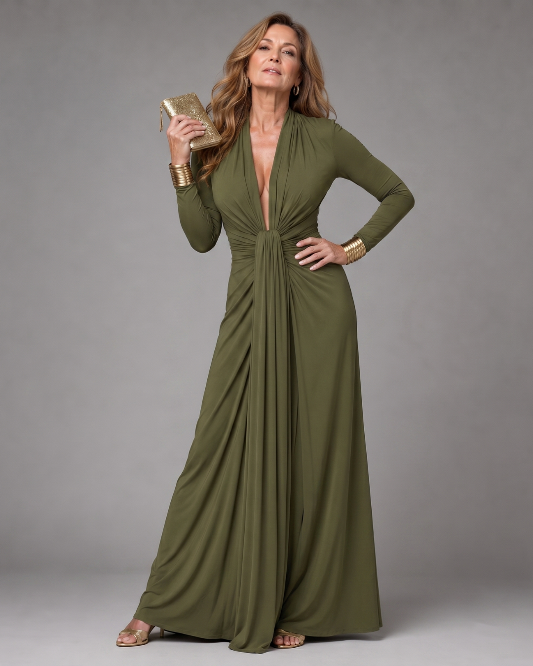 Vimmer | Robe Maxi à Col V Profond Drapée à Manches Longues