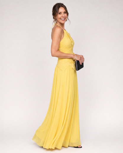 Stephene | Robe Maxi à Col Halter Plissée avec Détails Floraux
