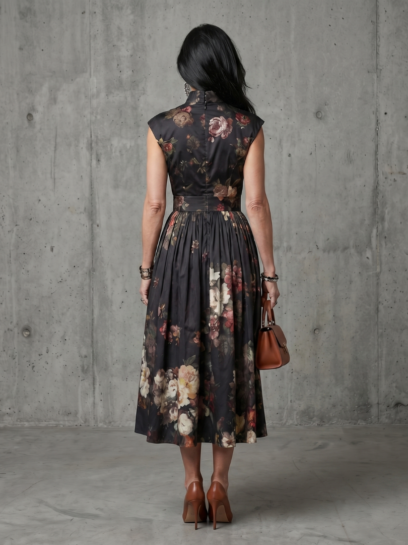 Greta | Robe Midi Plissée à Encolure Haute et Découpe Florale