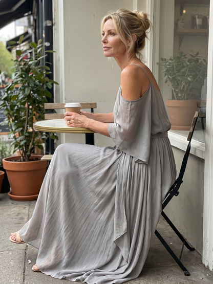 Marisol | Haut à épaule dénudée en drapé superposé et ensemble pantalon large