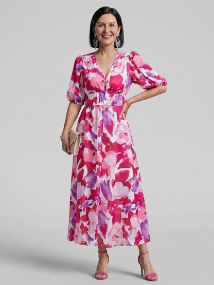 Candlia | Robe Midi à Manches Bouffantes et Imprimé Abstrait en V