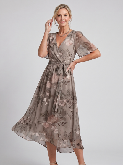 Mirabel | Robe midi à manches volantes et taille froncée avec imprimé floral