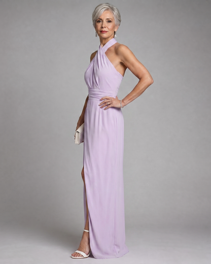 Vaelora | Robe Midi Drapée à Fente Latérale et Col Croisé