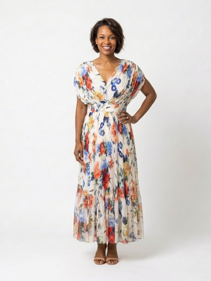 Savannah | Robe Midi Fleurie Plissée à Manches Courtes