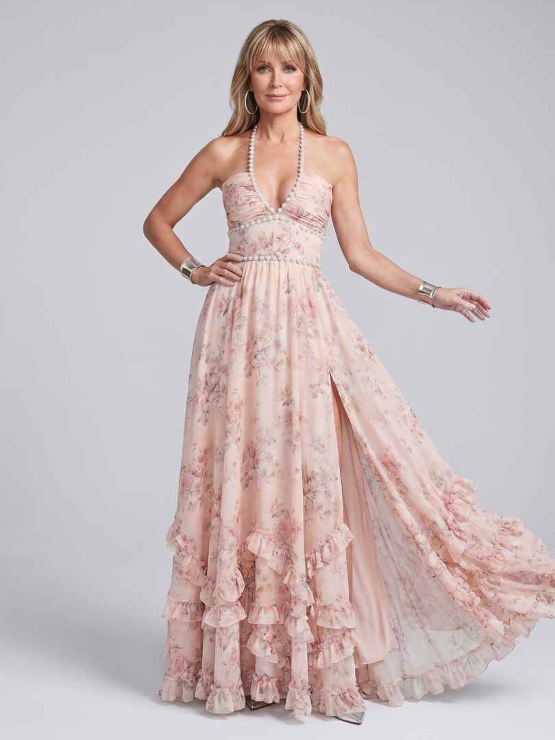 Alessia | Robe Maxi à Col Halter avec Fleurs et Perles