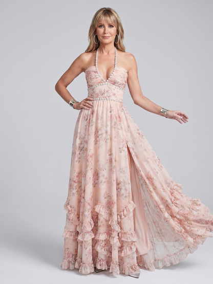 Alessia | Robe Maxi à Col Halter avec Fleurs et Perles