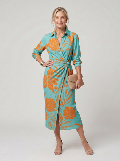 Leya | Robe midi à manches longues et col, motif rayé