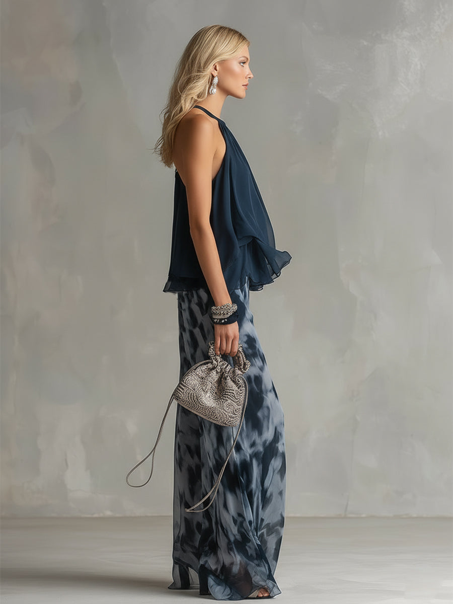 Ludovica | Ensemble élégant top halter bleu marine et pantalon large imprimé