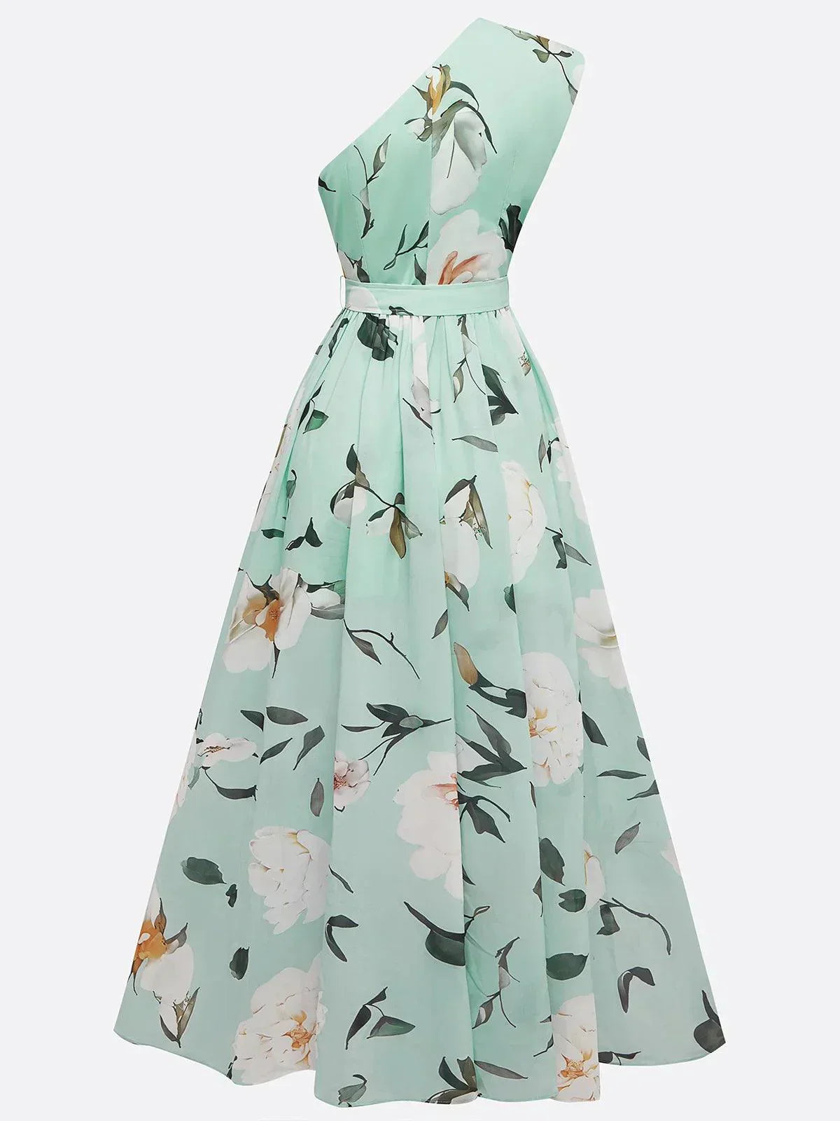 Julie | Robe Maxi Chiffon Fleurie à Une Épaule Vert Clair