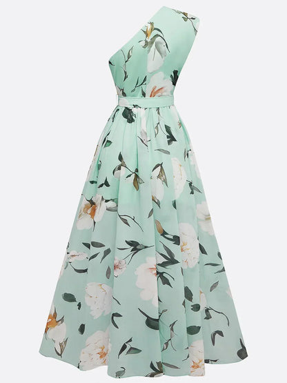 Julie | Robe Maxi Chiffon Fleurie à Une Épaule Vert Clair