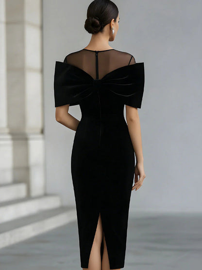 Robe Midi en Velours Noir Dramatique avec Nœud