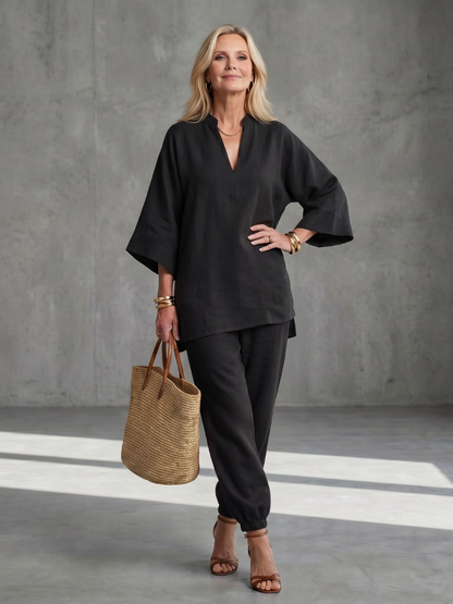 Georgiana | Ensemble Tunique V Col et Pantalon Froncé