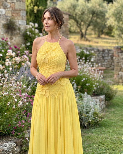 Stephene | Robe Maxi à Col Halter Plissée avec Détails Floraux