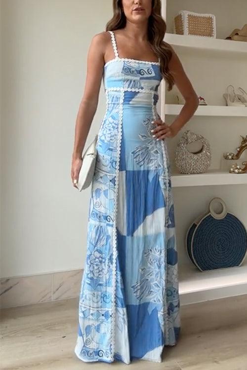 Eleonore | Robe Maxi Imprimée avec Noeud au Dos et Bretelles Ric Rac
