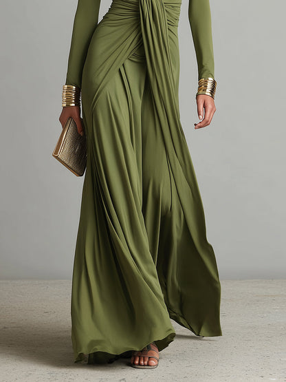 Robe Maxi en Soie Olive à Décolleté en V
