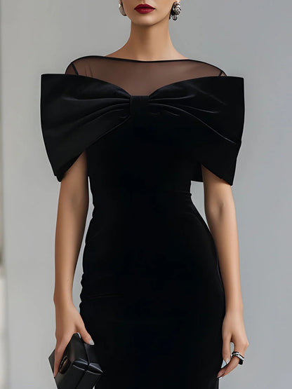 Robe Midi en Velours Noir Dramatique avec Nœud
