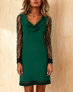 Monika | Elegancka Sukienka z Drapowanym Kołnierzem i Subtelnym Patchworkiem