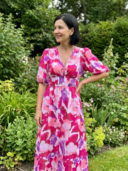 Candlia | Robe Midi à Manches Bouffantes et Imprimé Abstrait en V