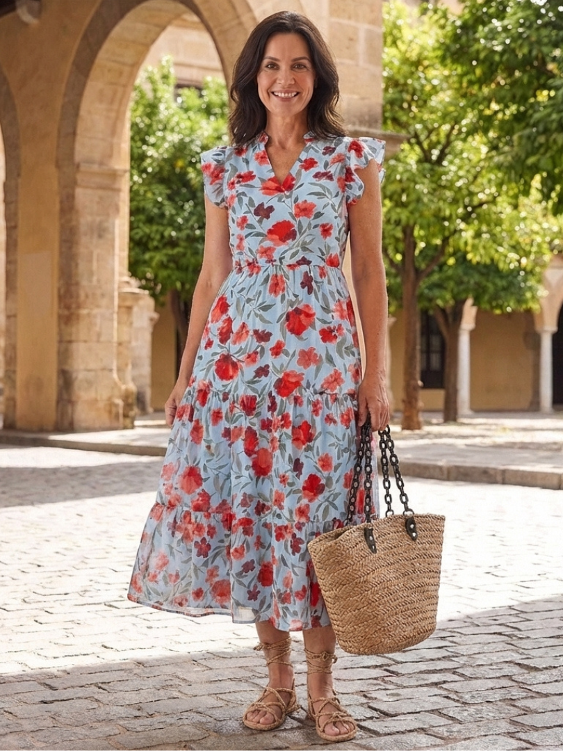 Lila | Robe midi à volants et décolleté en V fleuri