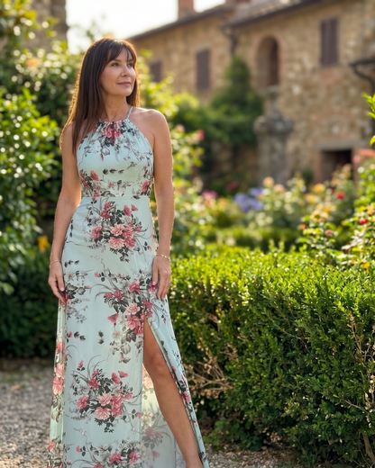 Loliane | Robe Midi à Fleurs avec Décolleté Halter et Fente Latérale