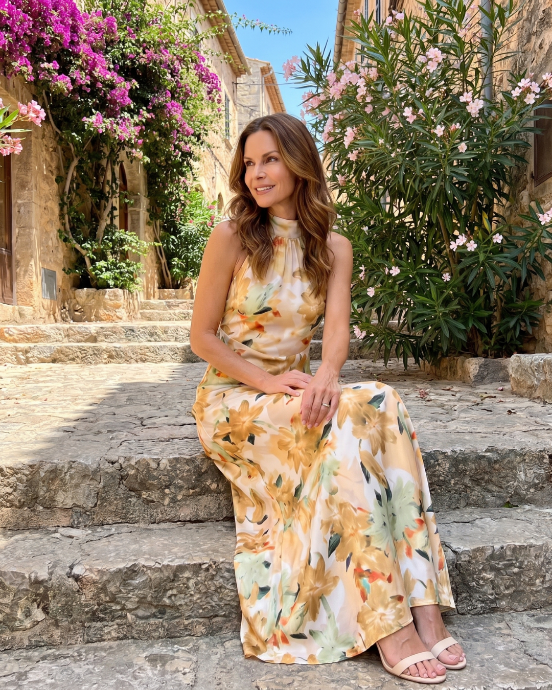 Cekel | Robe Midi Flottante à Imprimé Botanique avec Col Halter