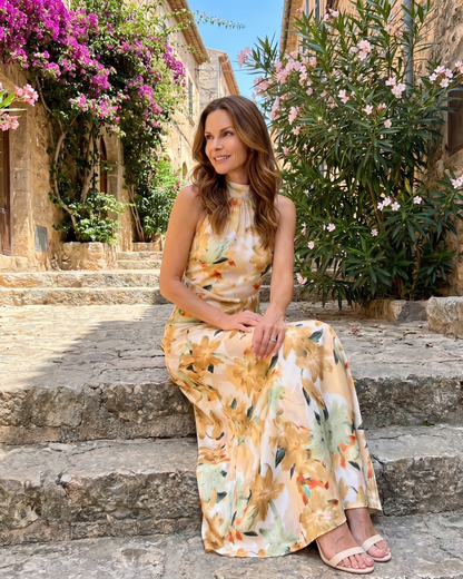 Cekel | Robe Midi Flottante à Imprimé Botanique avec Col Halter