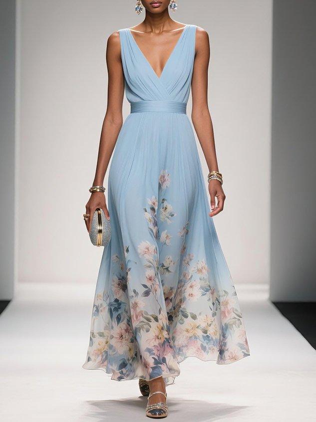 Robe Maxi V-Neck en Chiffon Floral Bleu Clair