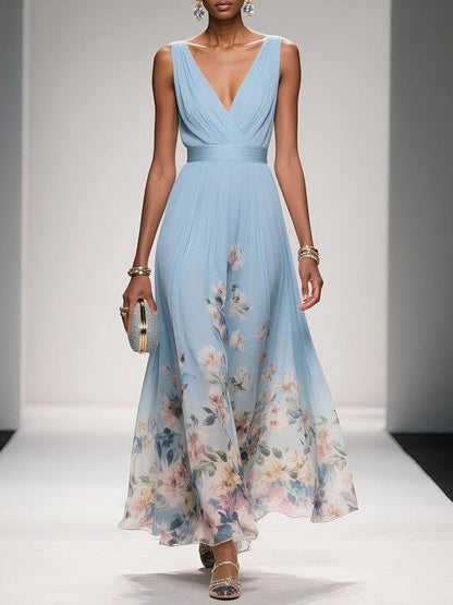 Robe Maxi V-Neck en Chiffon Floral Bleu Clair
