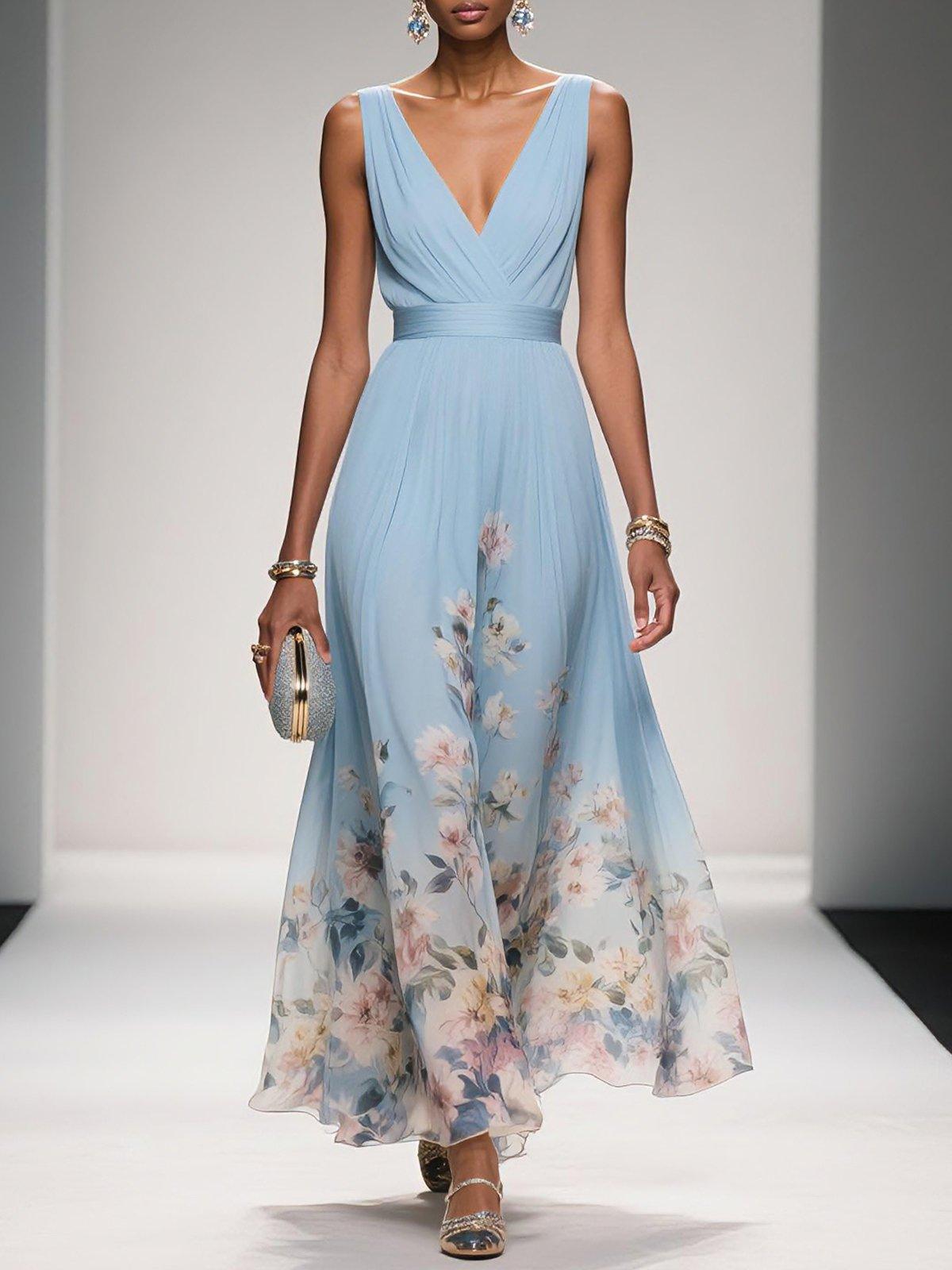 Robe Maxi V-Neck en Chiffon Floral Bleu Clair
