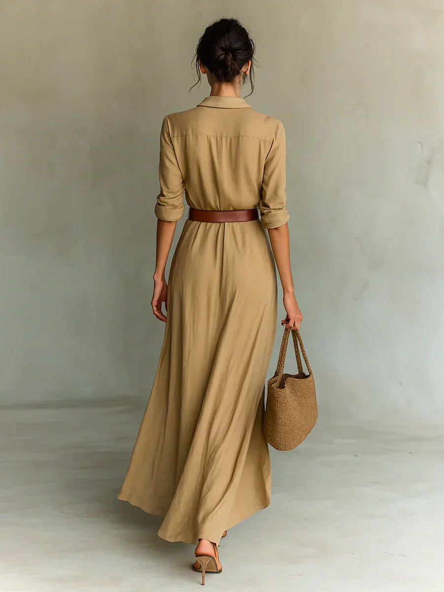 Camille™ | Robe maxi avec revers et ceinture à la taille