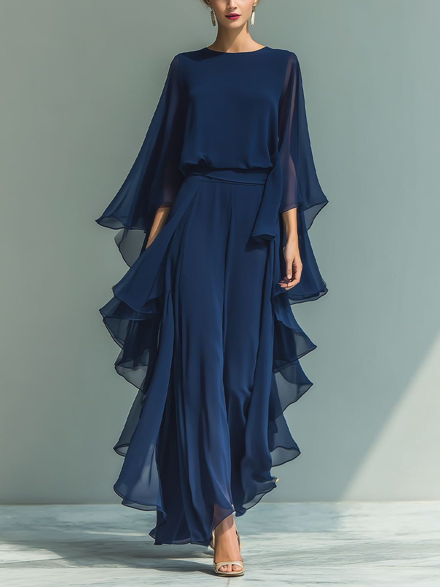Ensemble Top en Chiffon Bleu Marine avec Manches Évasées et Pantalons à Jambe Droite avec Détails Ruchés