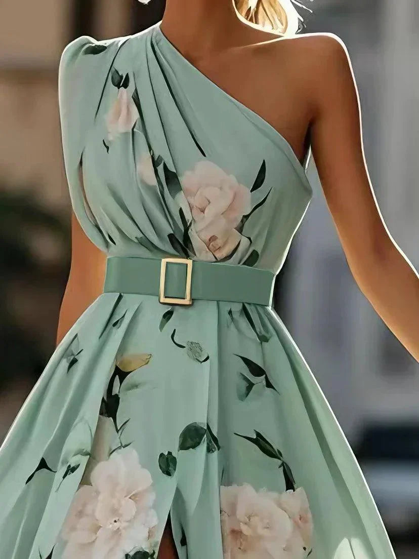 Julie | Robe Maxi Chiffon Fleurie à Une Épaule Vert Clair