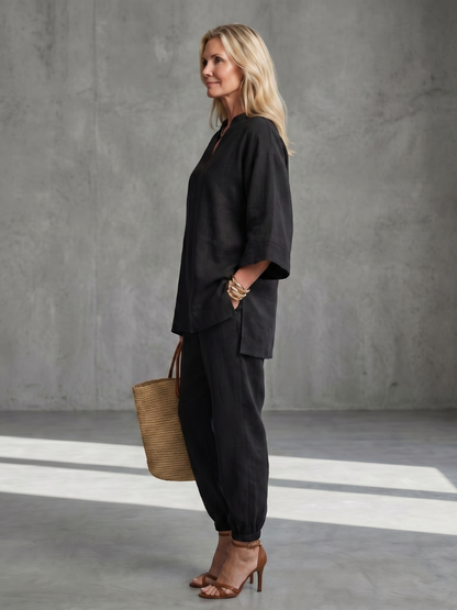 Georgiana | Ensemble Tunique V Col et Pantalon Froncé