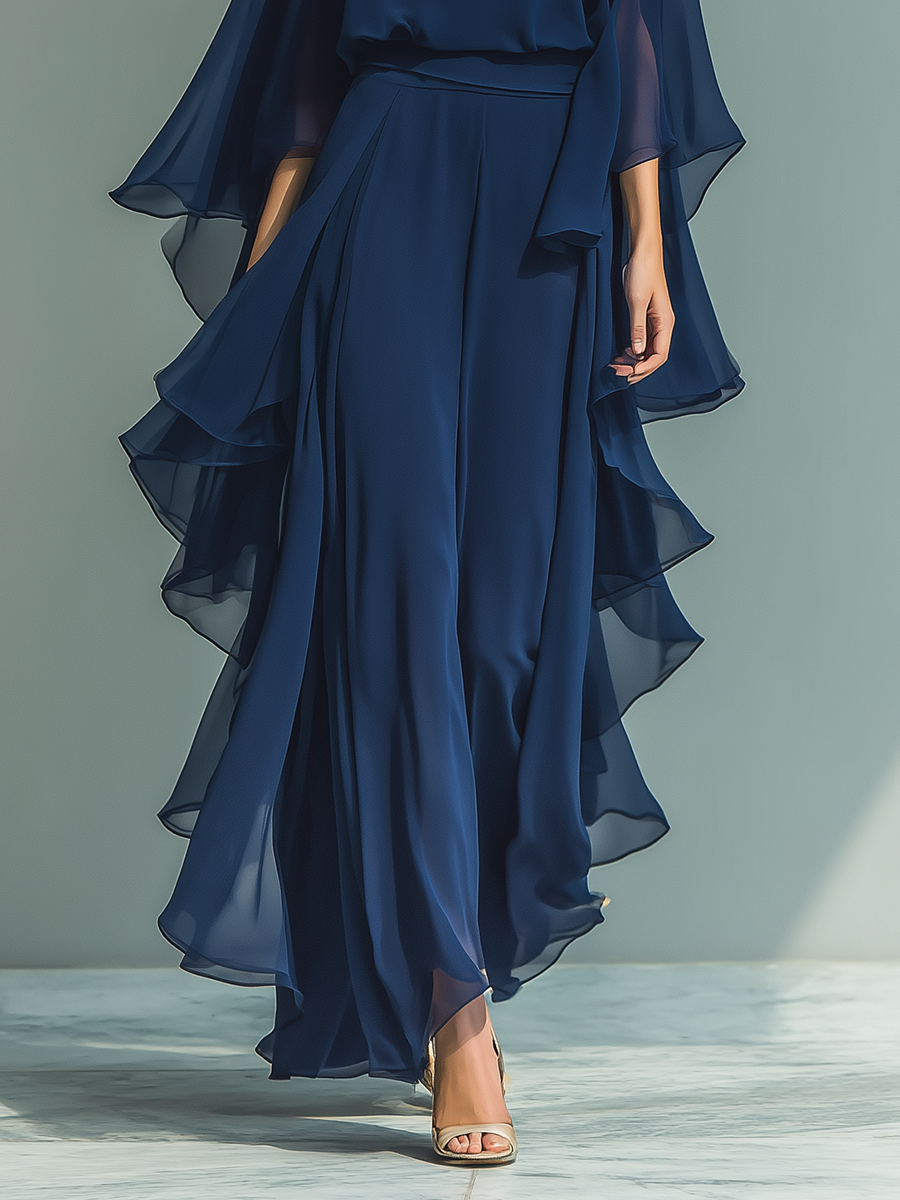 Ensemble Top en Chiffon Bleu Marine avec Manches Évasées et Pantalons à Jambe Droite avec Détails Ruchés