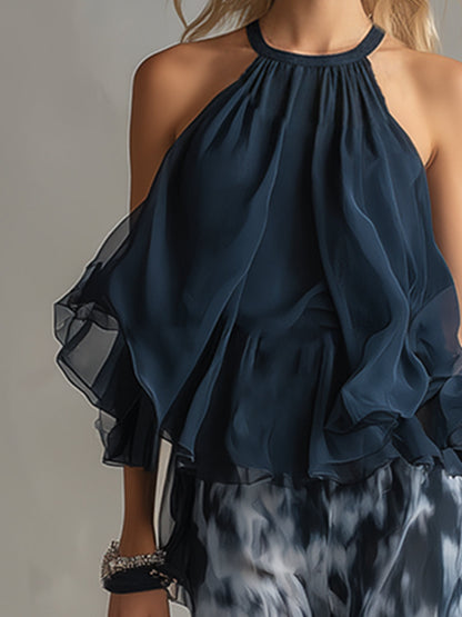 Ludovica | Ensemble élégant top halter bleu marine et pantalon large imprimé